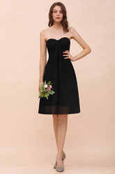 Lovely Strapless Sweetheart Ruffle Short Black Bridesmaid Dress Affordable-27dress